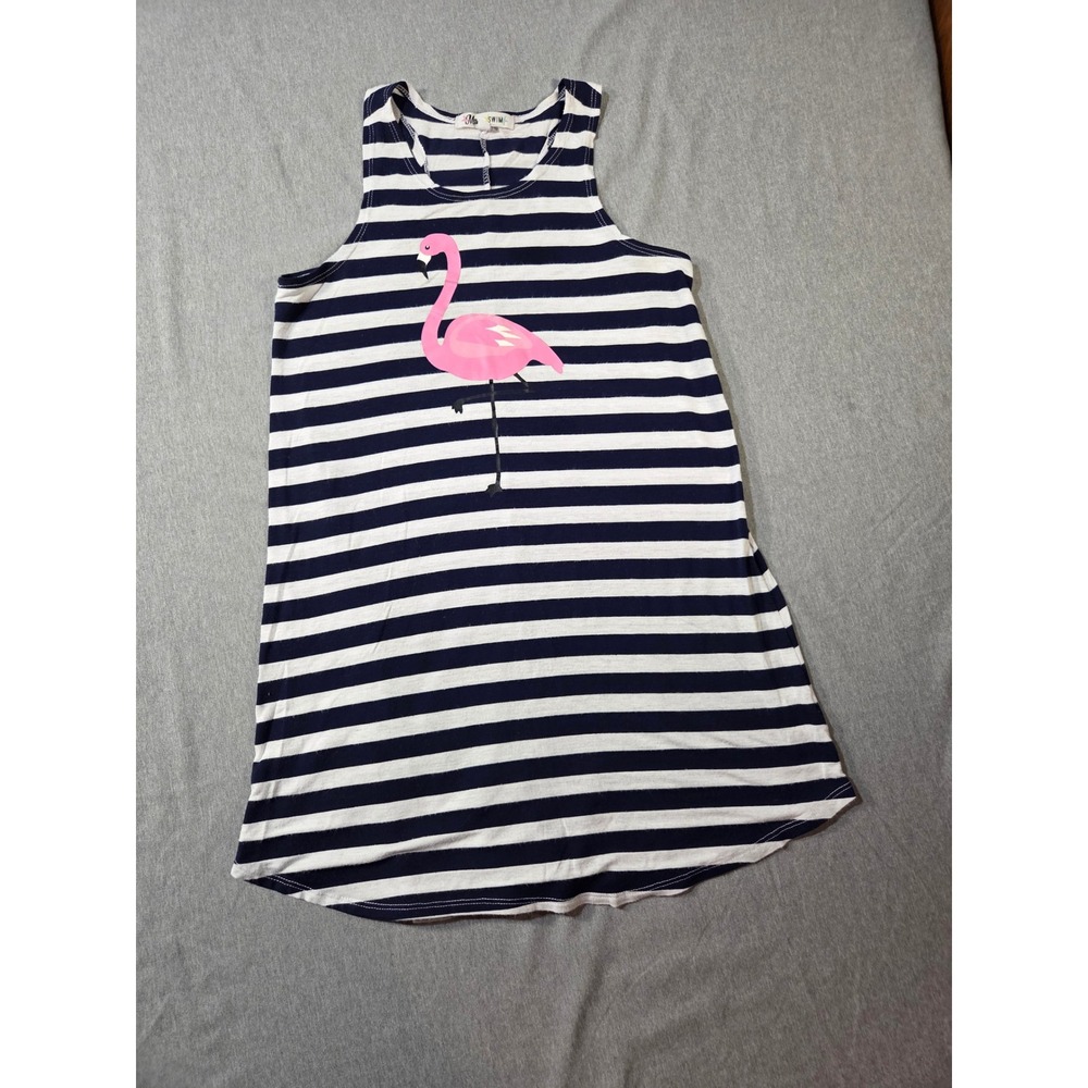 Miken Swim Dress Navy Blue White Striped Pink Flamingo Cover Up XL IW909JI135